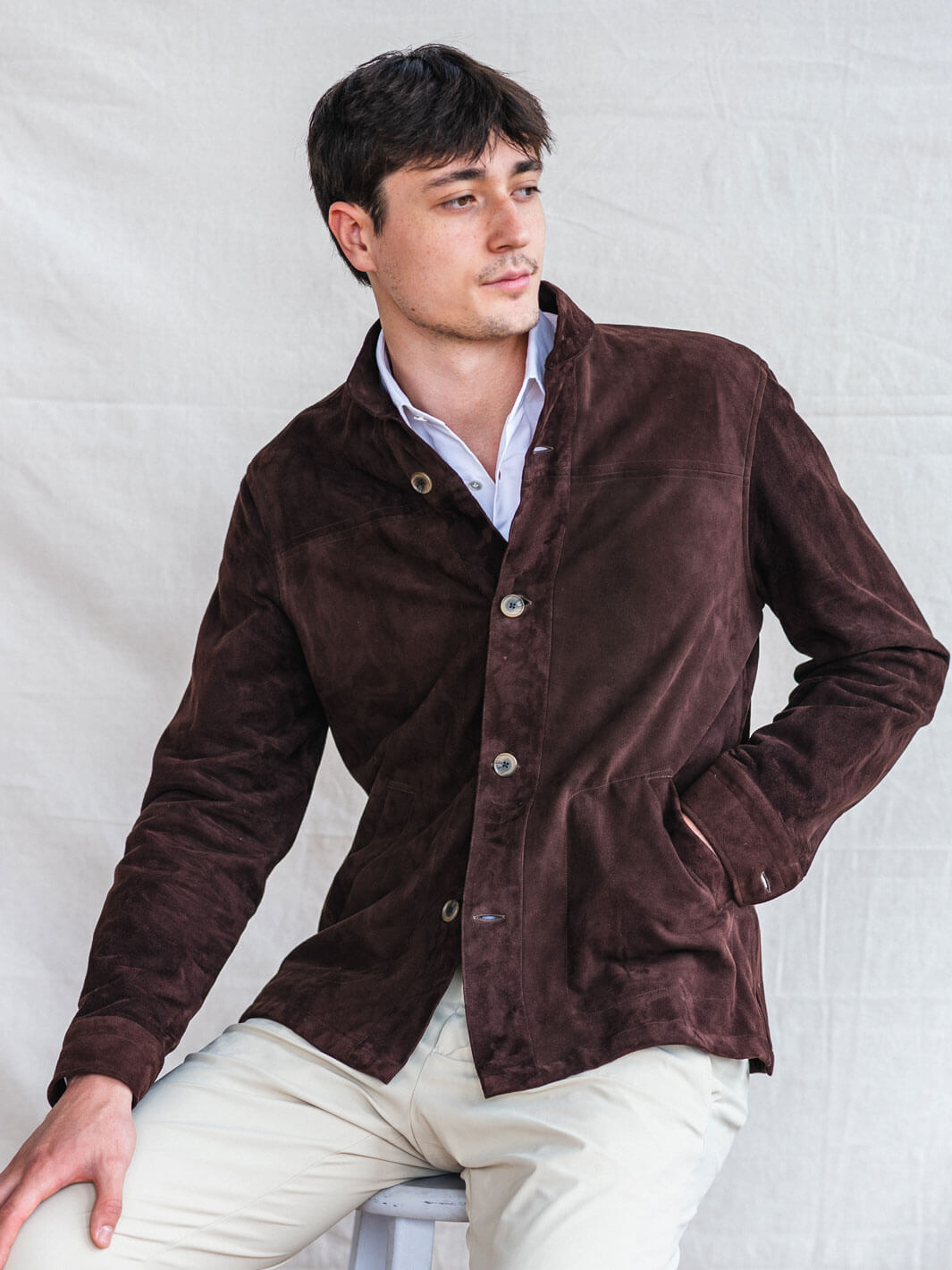 real suede over sized shirt ブラウン brown suede snap-fastened overshirt