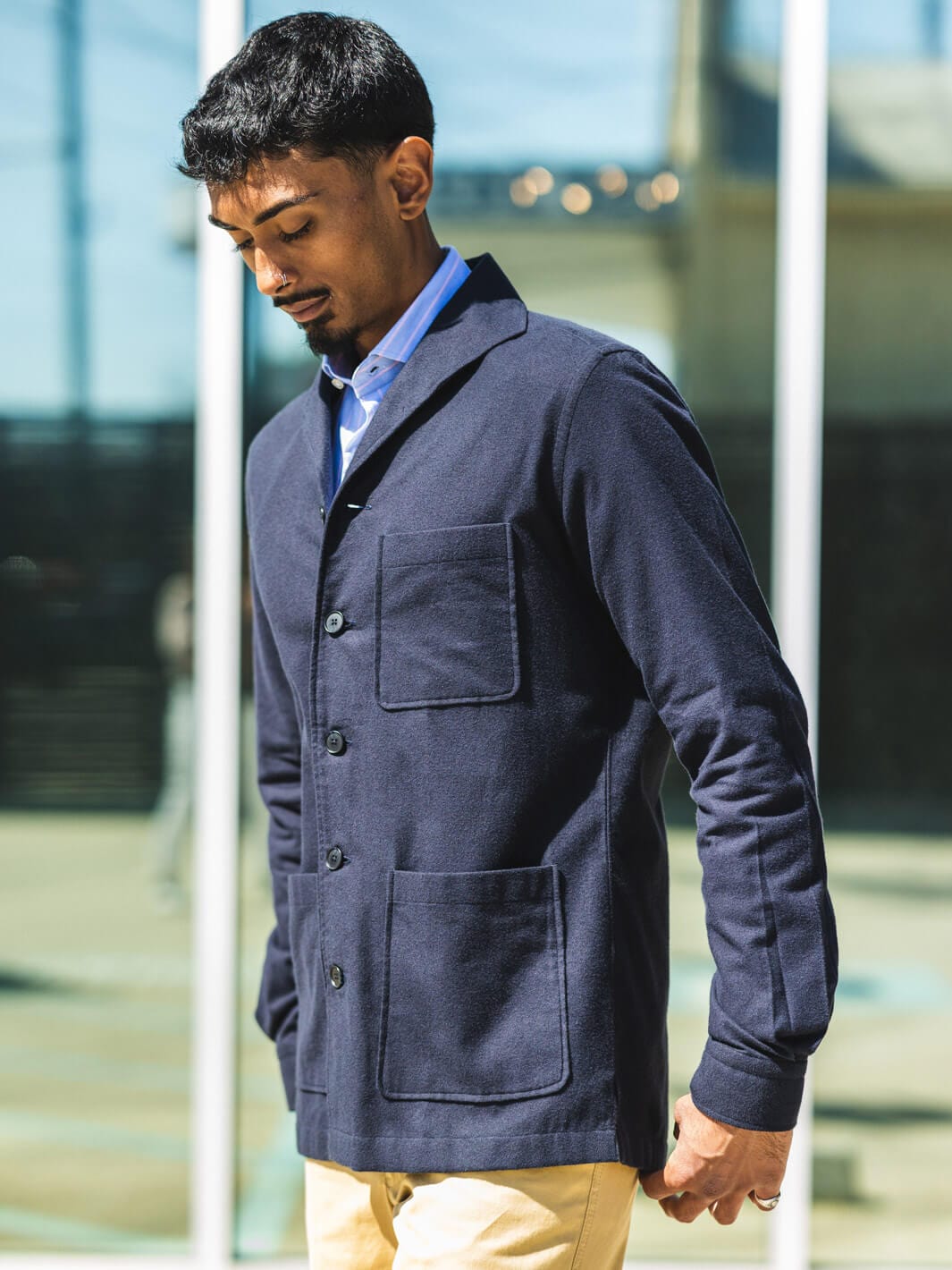 Cotton Flannel Shawl Collar Overshirt Navy