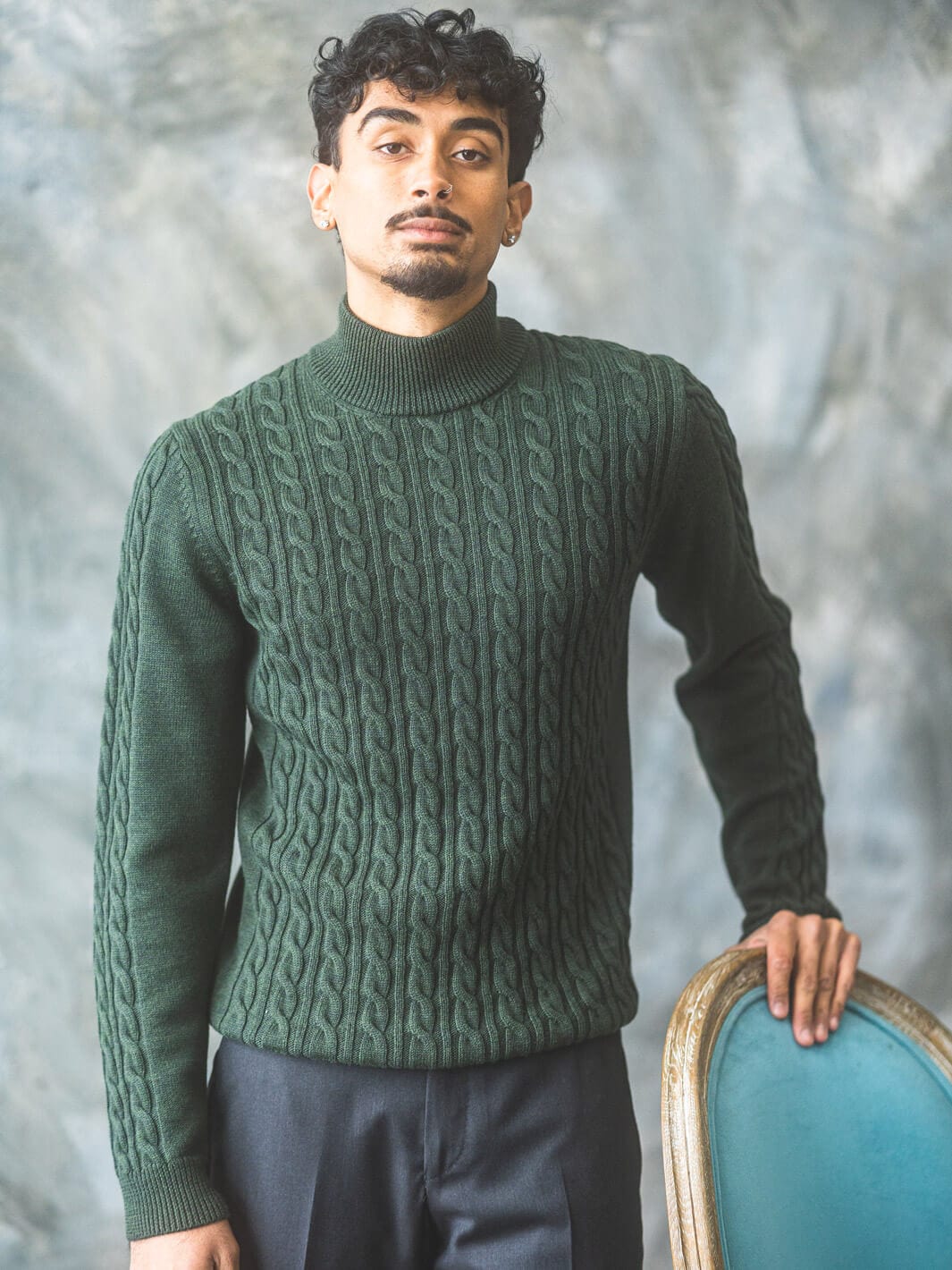Turtleneck Sweater Cabled Knitting Style Green Cable Knit Merino
