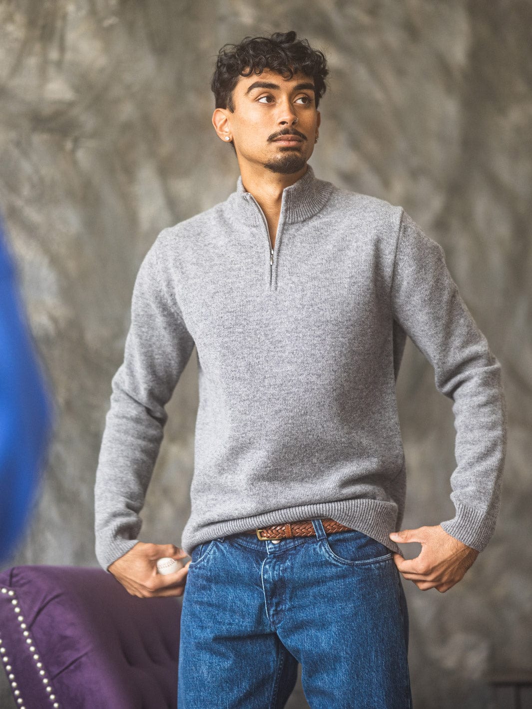 Gray Quarter-Zip Merino Wool Sweater