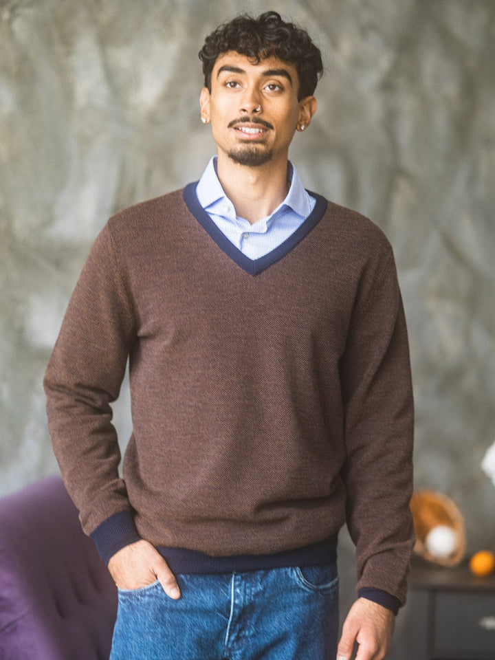 Anatoly & Sons Sweater Navy-Tobacco V-Neck Sweater