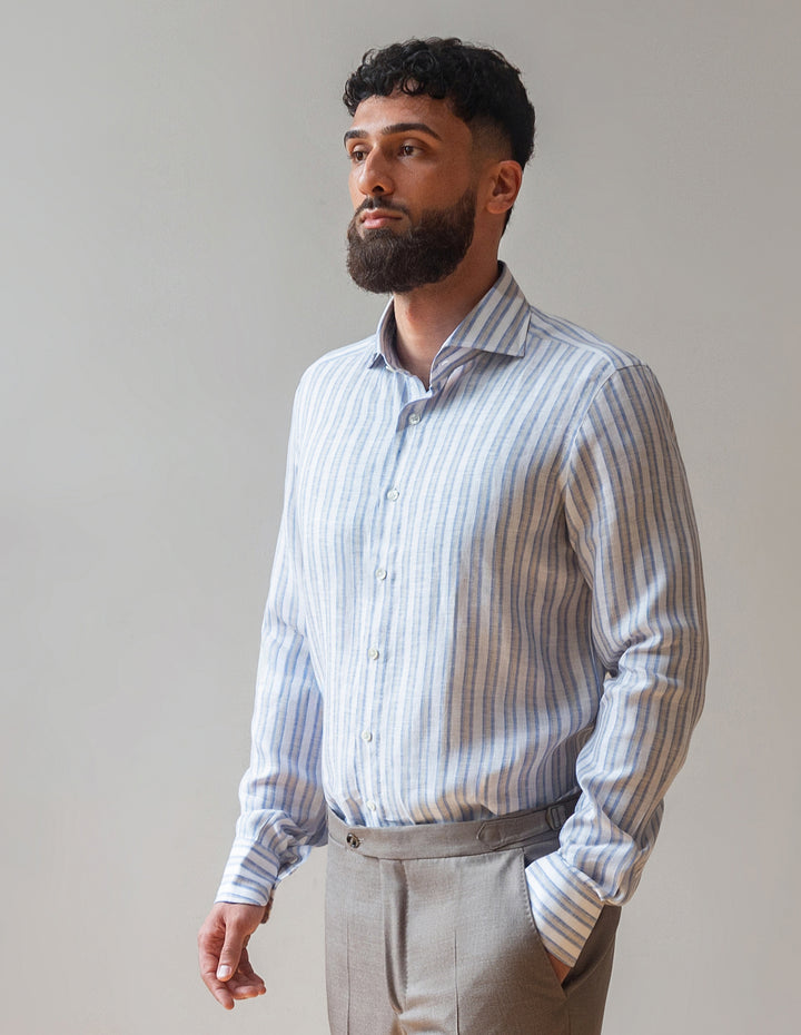 Bold Stripe Linen Oxford Shirt - Blue & Beige