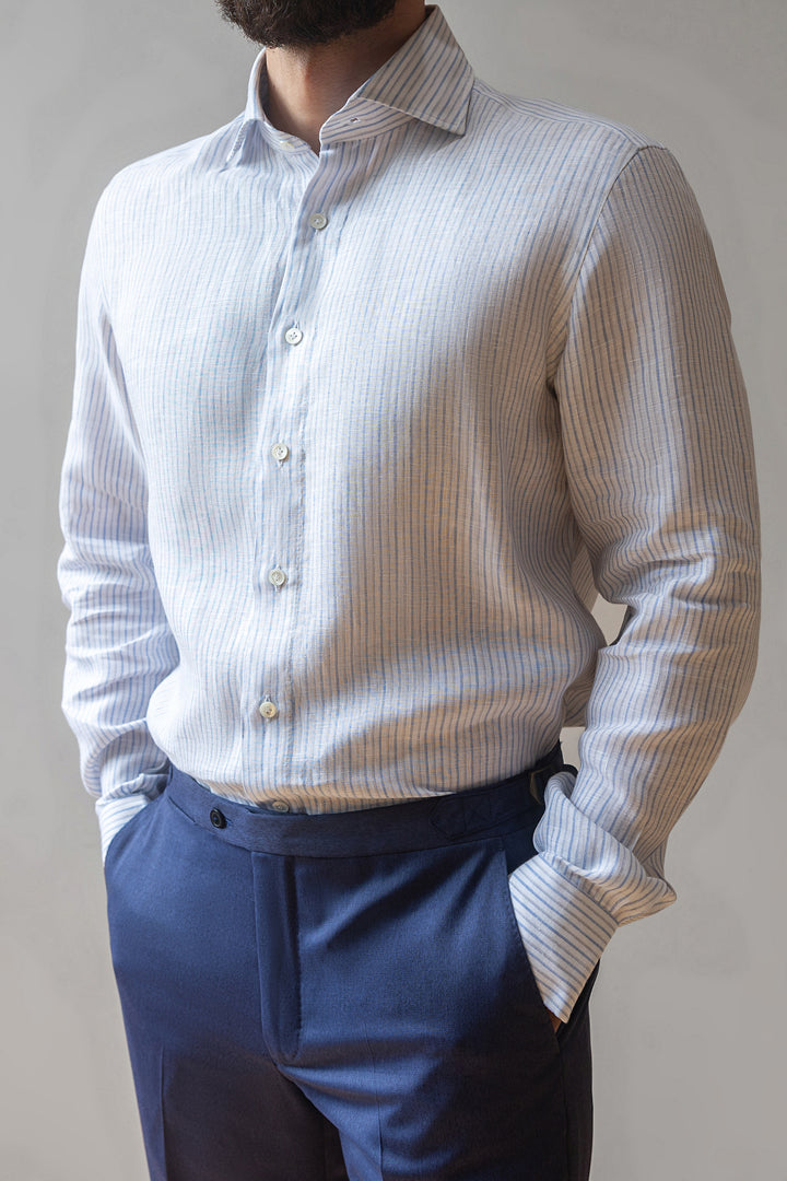 Striped Linen Oxford Shirt - Blue & Grey
