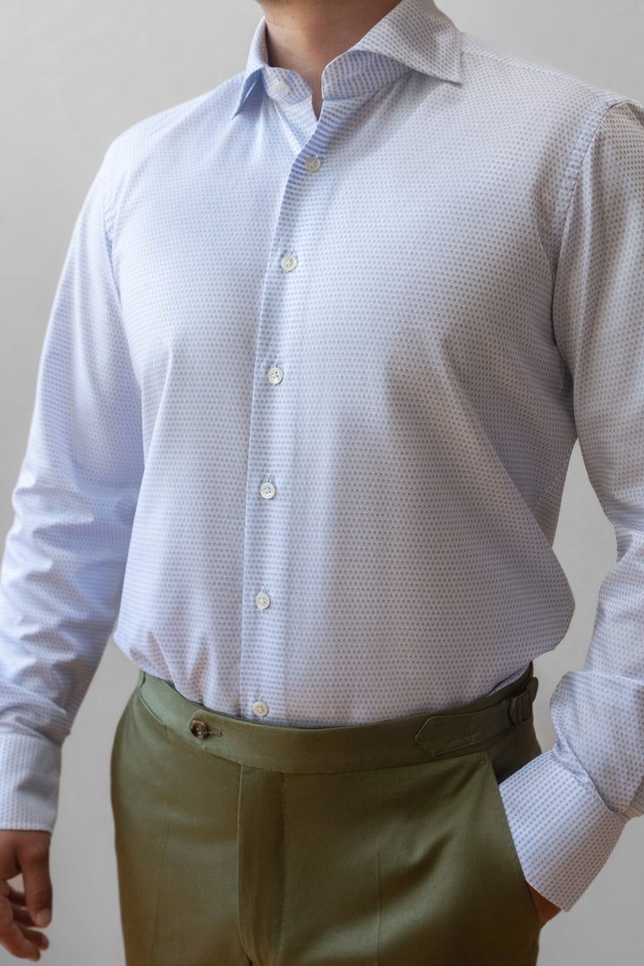 Micro-Floral Cotton Dress Shirt - Light Blue