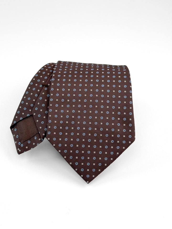 Silk Micro Floral Print Tie - Brown & Light Blue