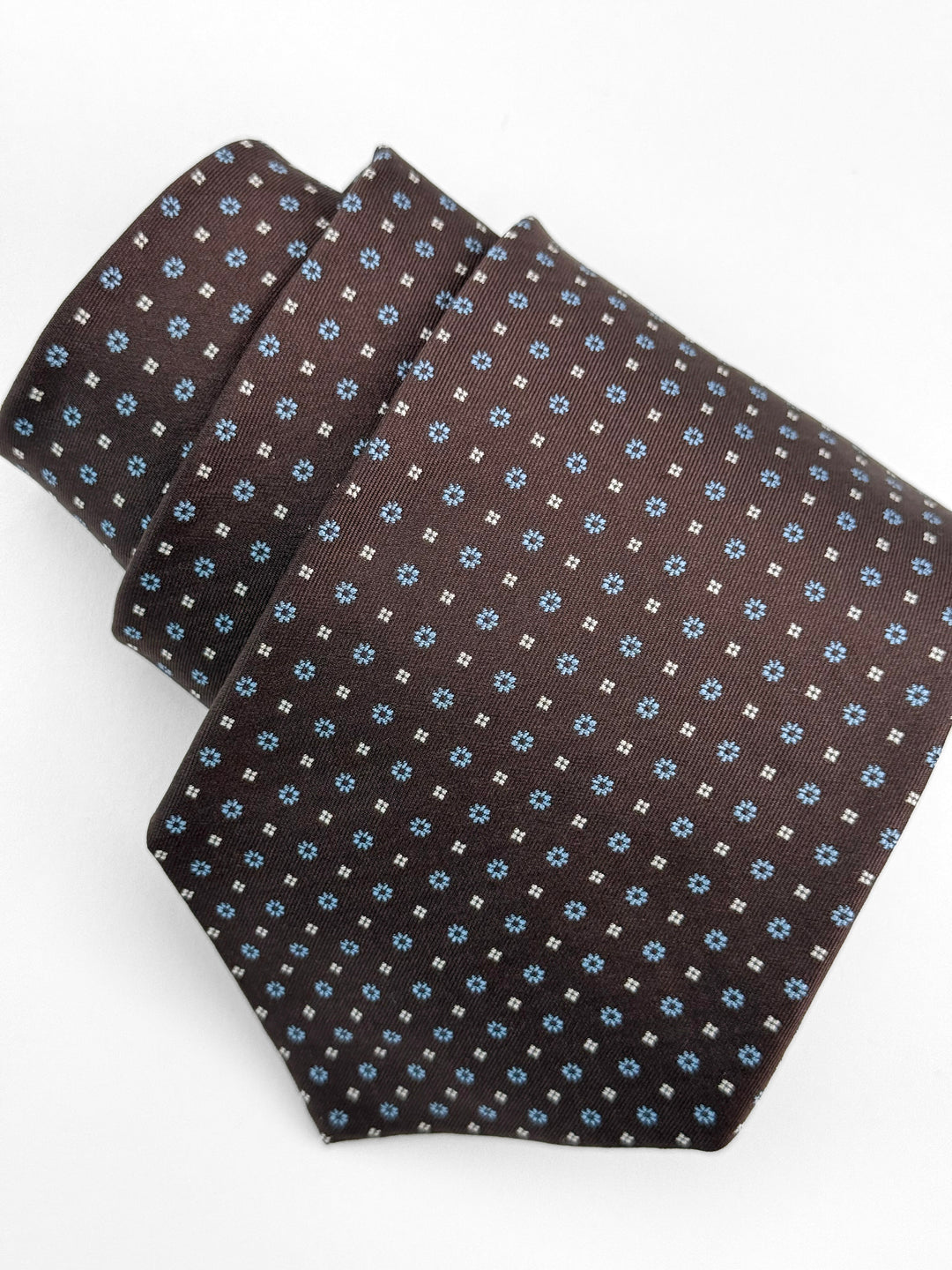 Silk Micro Floral Print Tie - Brown & Light Blue