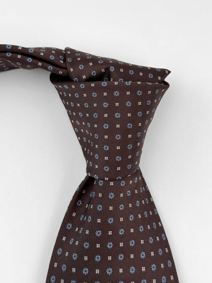 Silk Micro Floral Print Tie - Brown & Light Blue