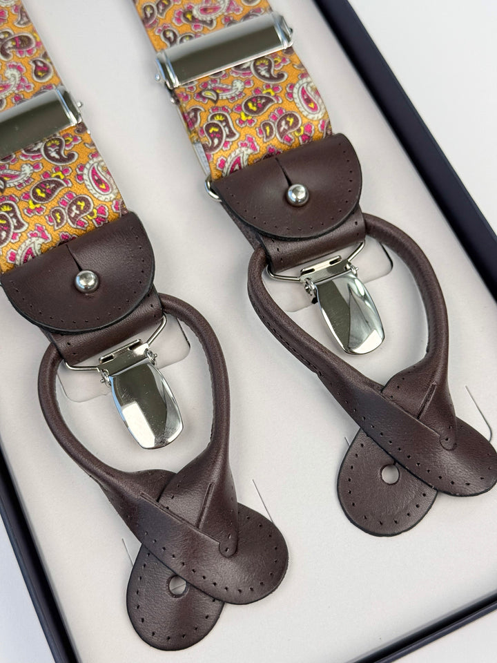 Classic Floral Paisley Suspenders - Mustard Yellow