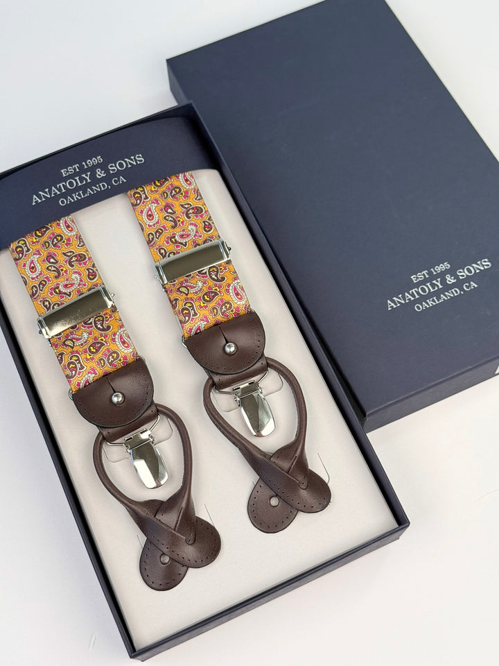 Classic Floral Paisley Suspenders - Mustard Yellow
