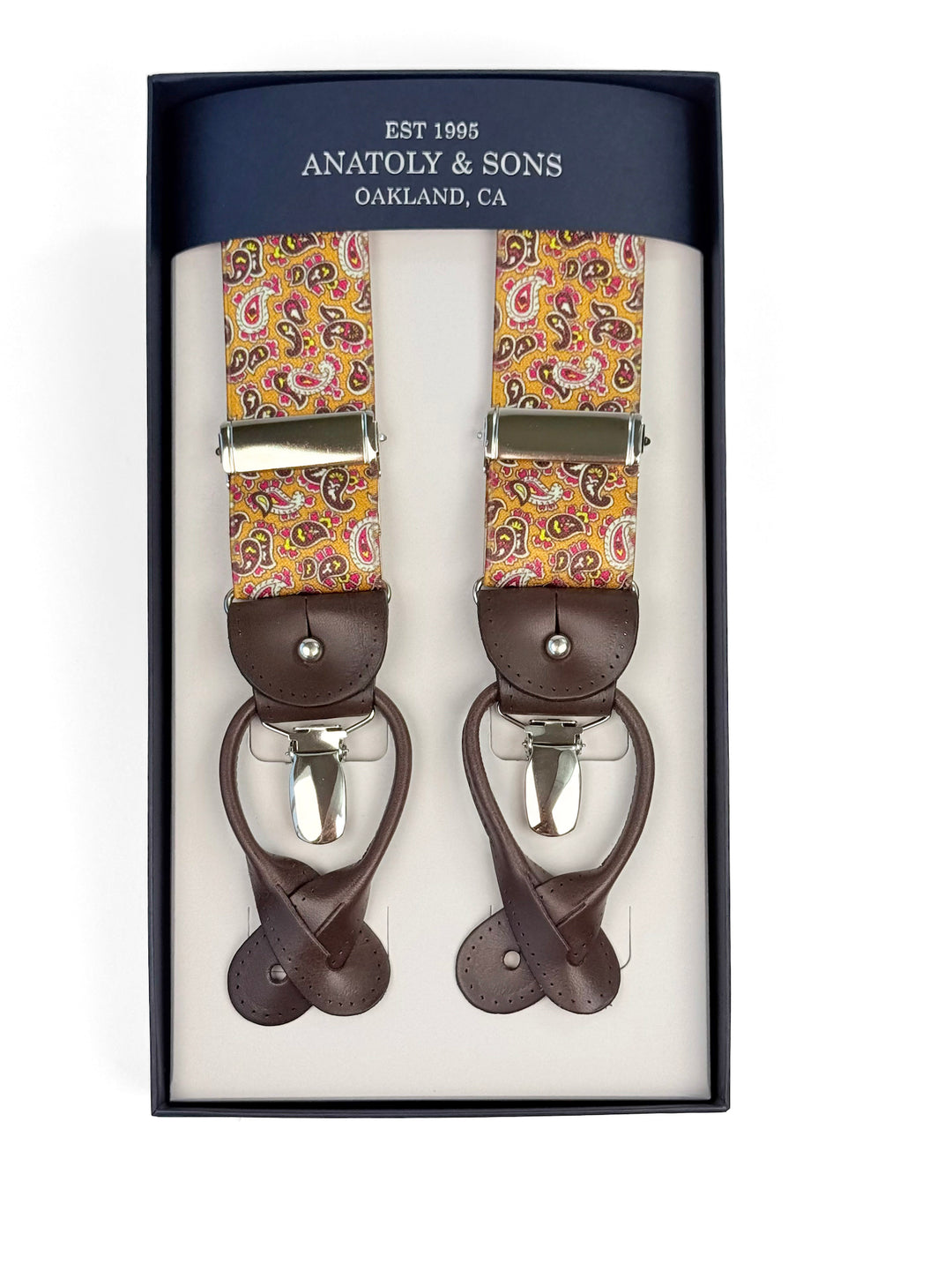 Classic Floral Paisley Suspenders - Mustard Yellow