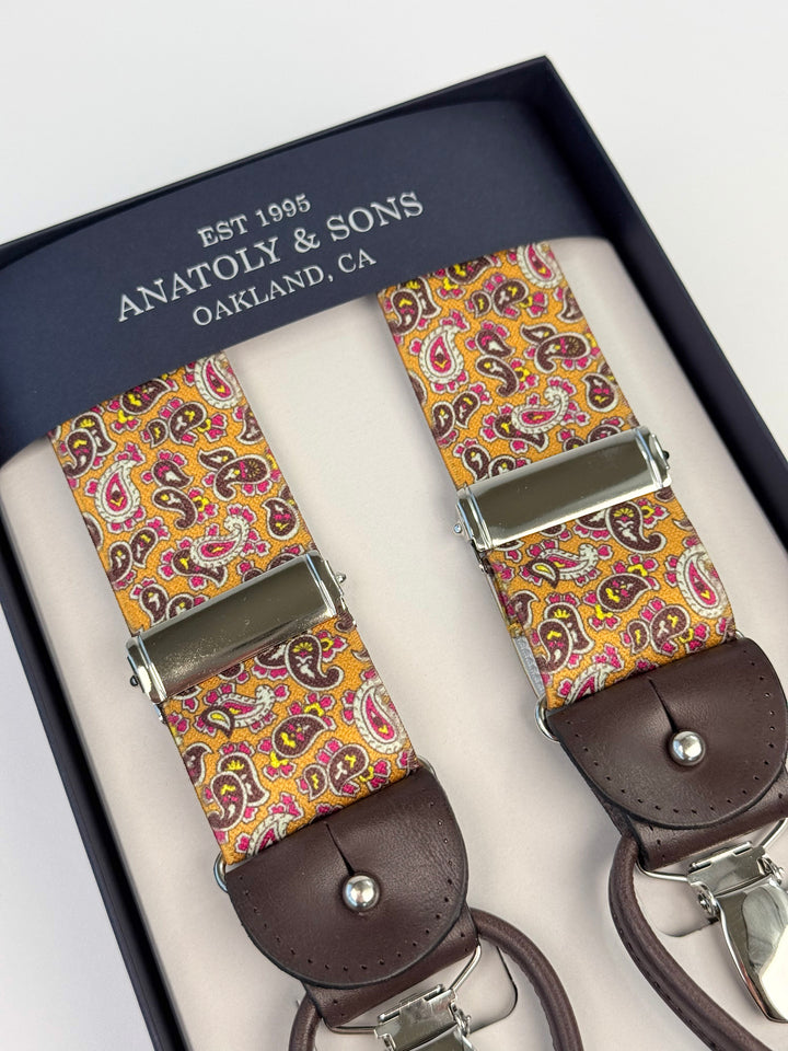 Classic Floral Paisley Suspenders - Mustard Yellow