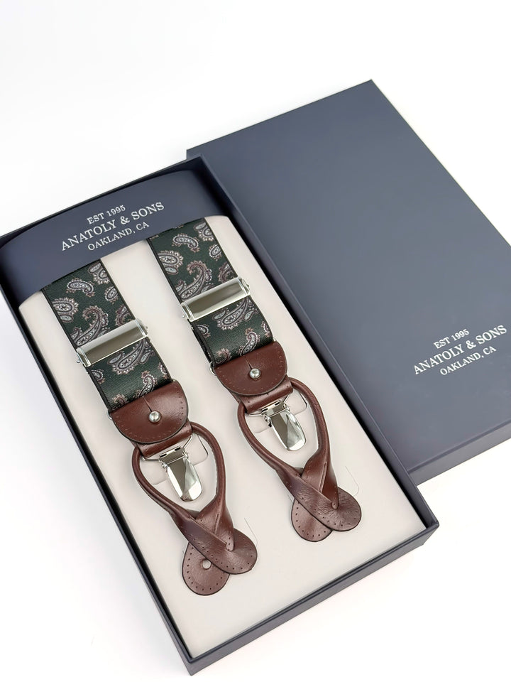 Classic Paisley Suspenders - Forest Green