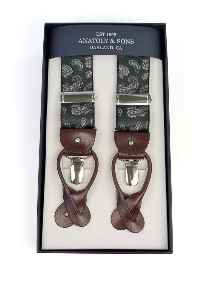 Classic Paisley Suspenders - Forest Green