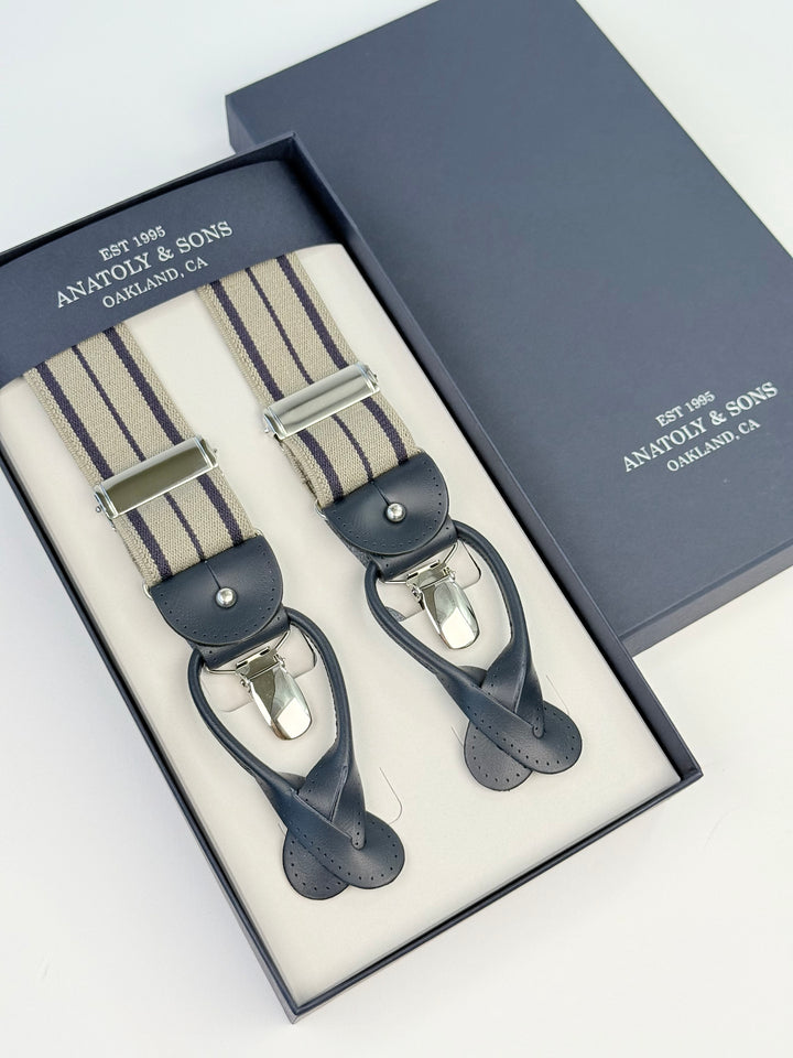Classic Striped Suspenders - Beige & Blue