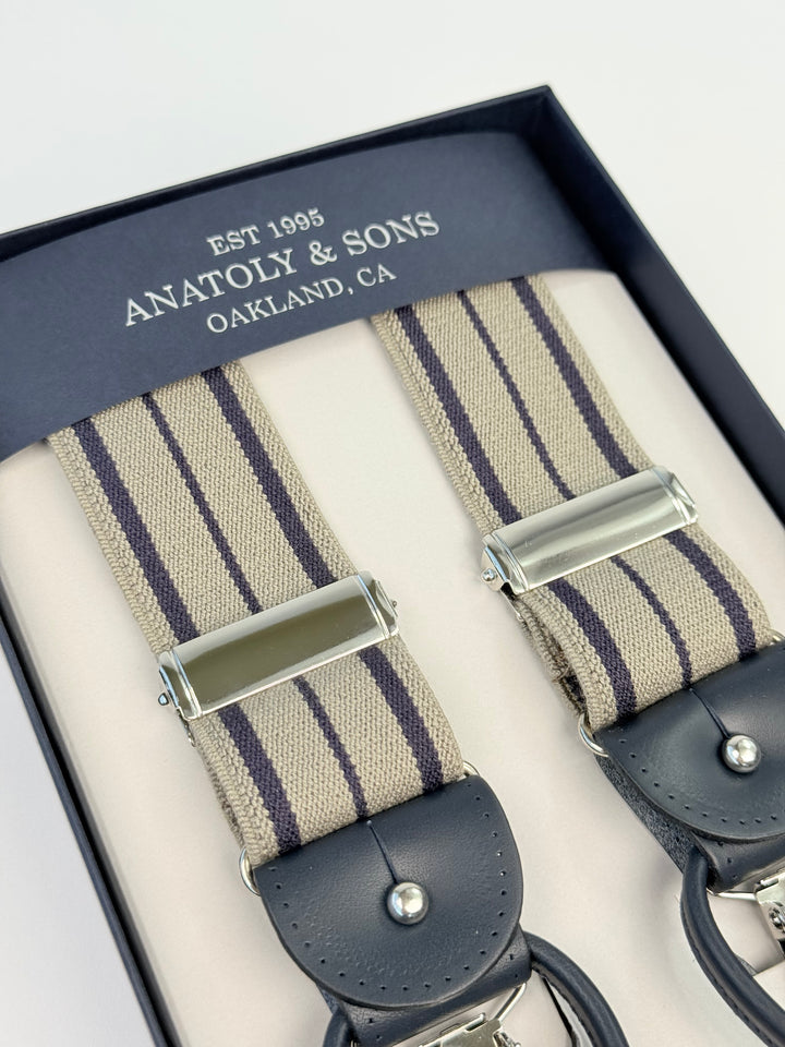 Classic Striped Suspenders - Beige & Blue
