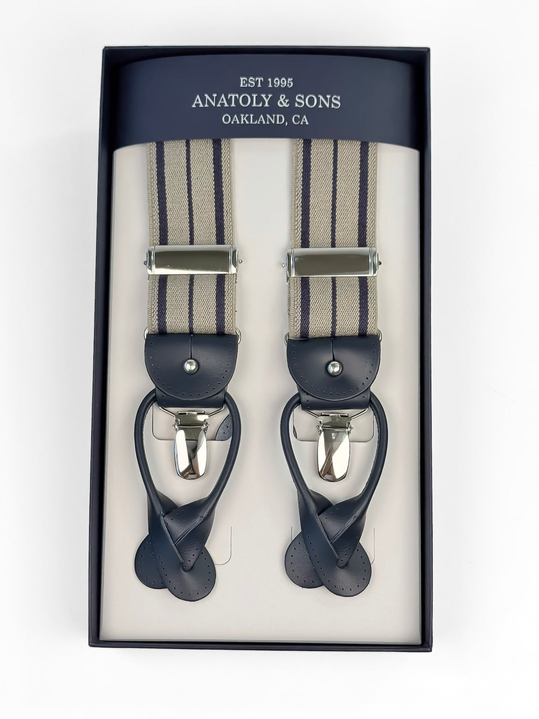 Classic Striped Suspenders - Beige & Blue