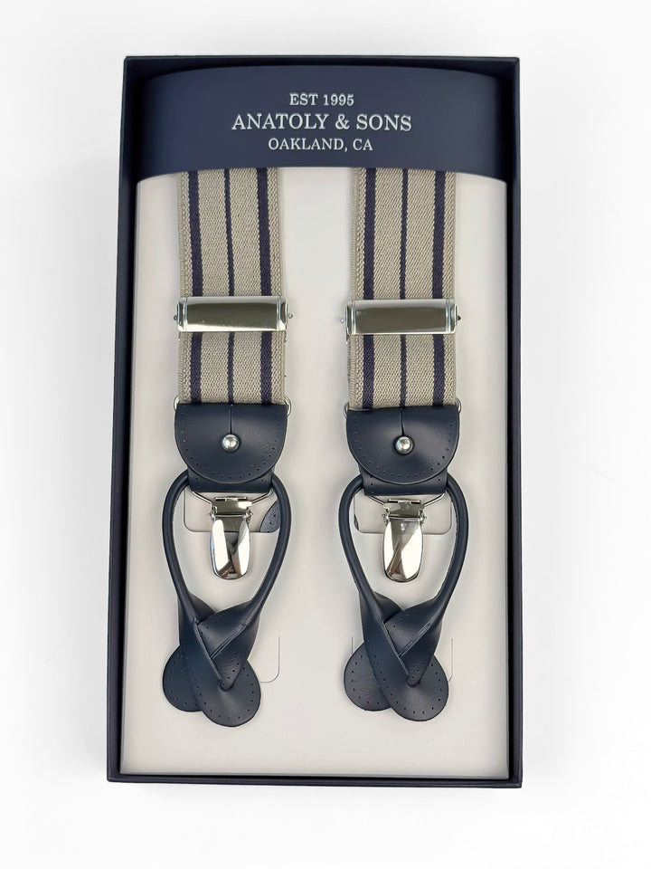 Classic Striped Suspenders - Beige & Blue