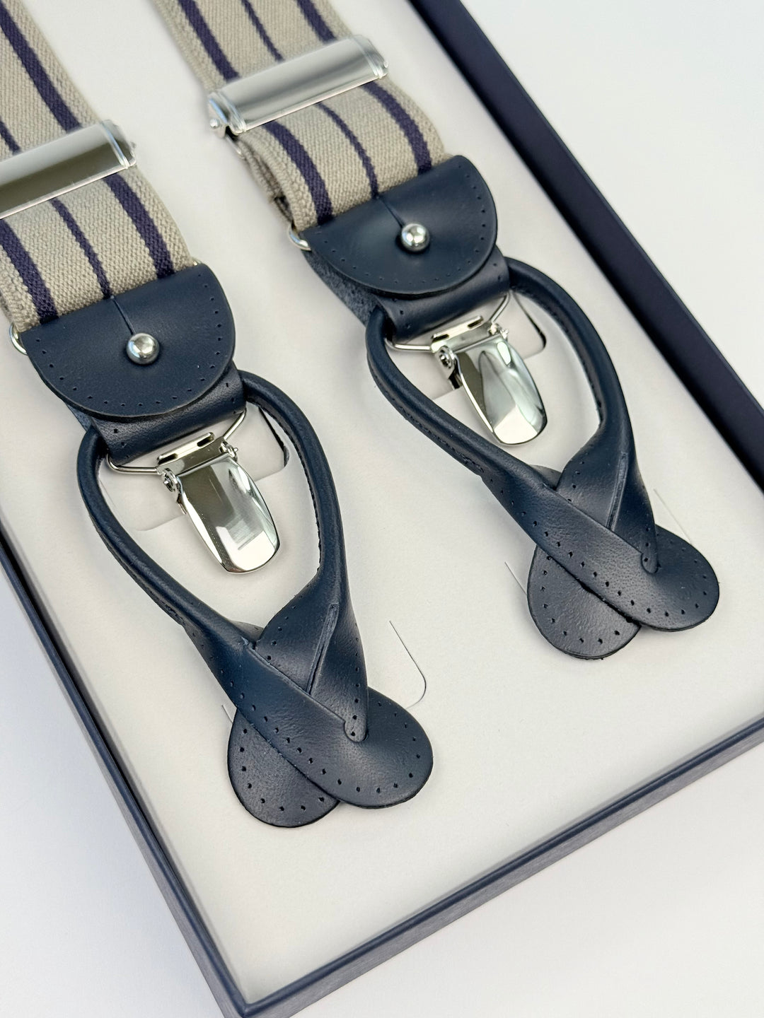 Classic Striped Suspenders - Beige & Blue