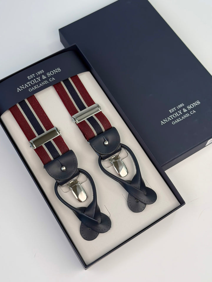 Classic Striped Suspenders - Burgundy & Navy Blue