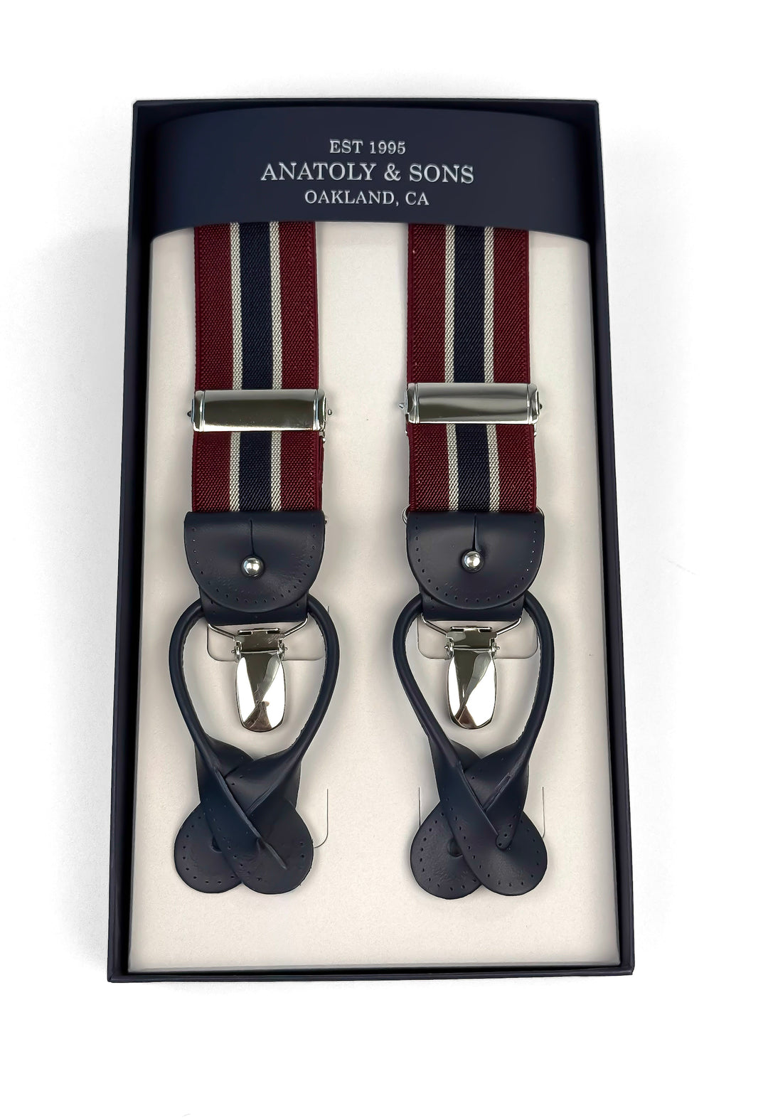 Classic Striped Suspenders - Burgundy & Navy Blue