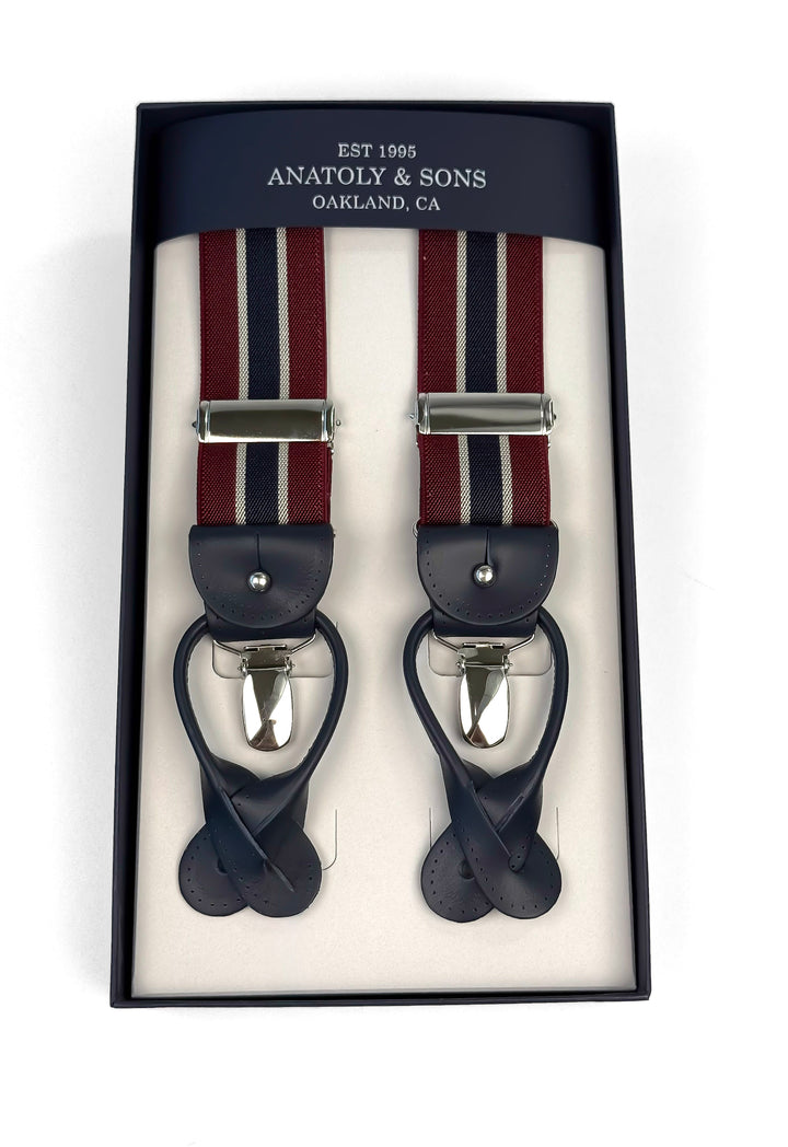 Classic Striped Suspenders - Burgundy & Navy Blue