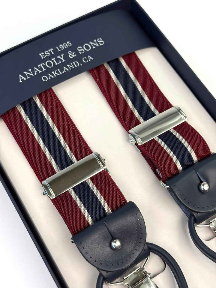 Classic Striped Suspenders - Burgundy & Navy Blue