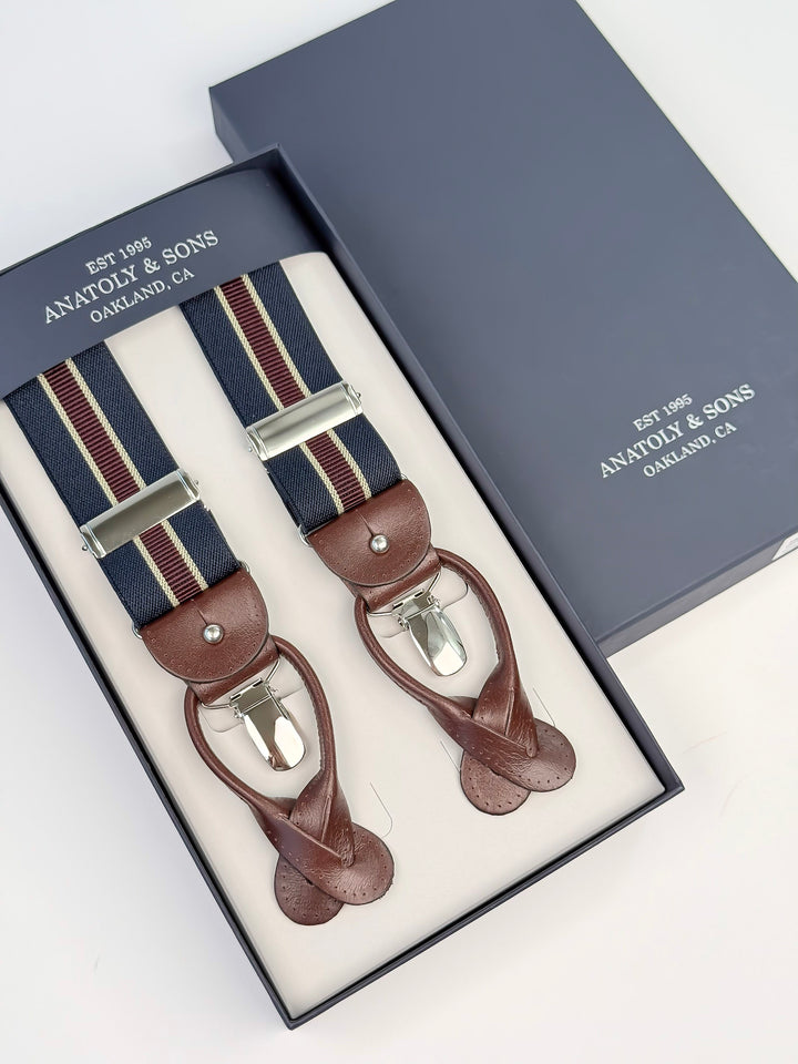 Classic Striped Suspenders - Navy Blue & Burgundy