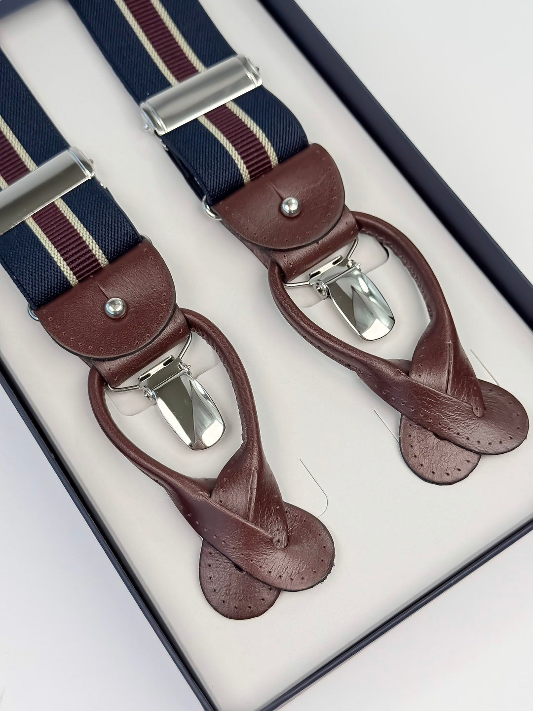 Classic Striped Suspenders - Navy Blue & Burgundy