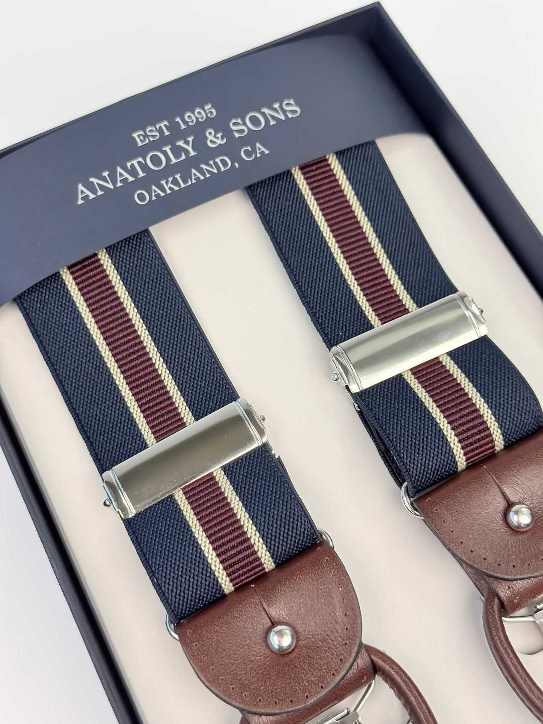 Classic Striped Suspenders - Navy Blue & Burgundy