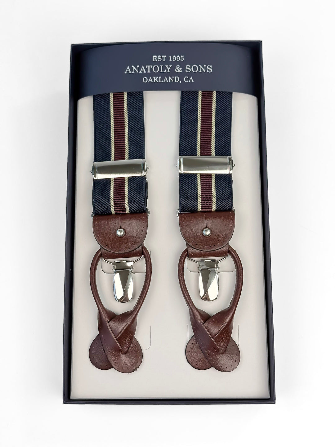 Classic Striped Suspenders - Navy Blue & Burgundy