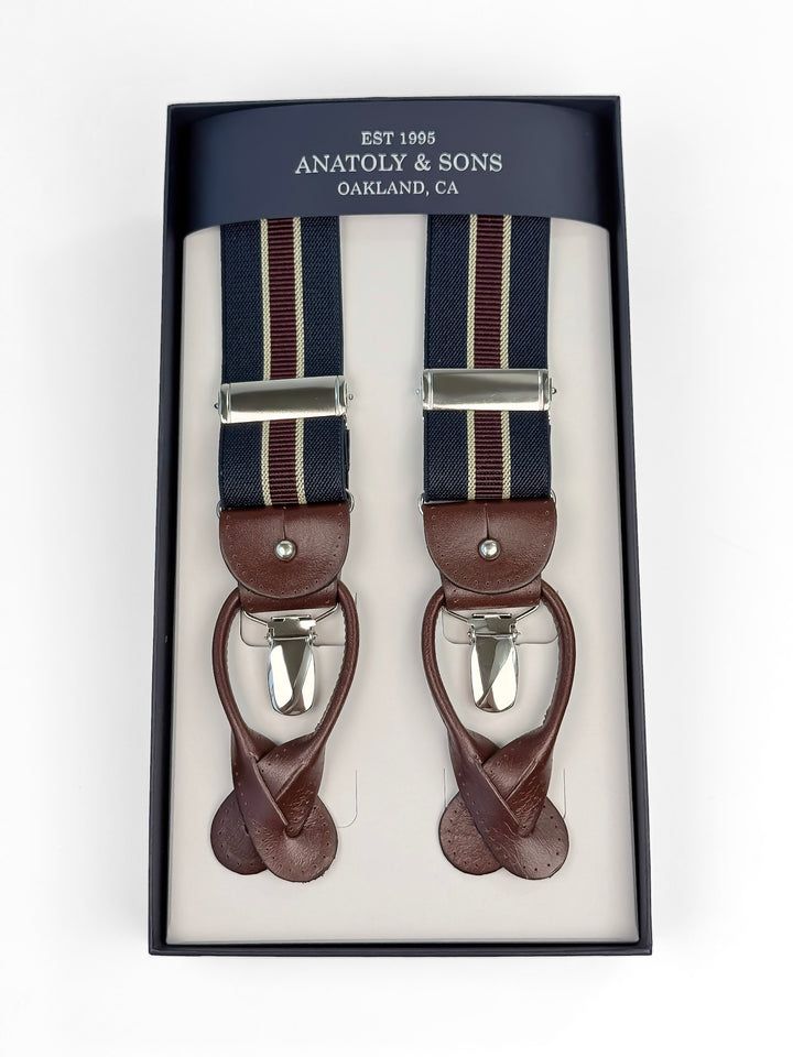 Classic Striped Suspenders - Navy Blue & Burgundy