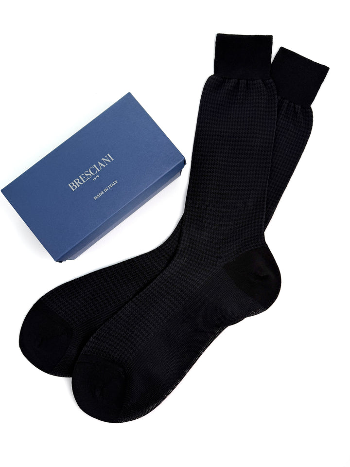Cotton Houndstooth Bresciani Mid Calf Sock- Black & Grey