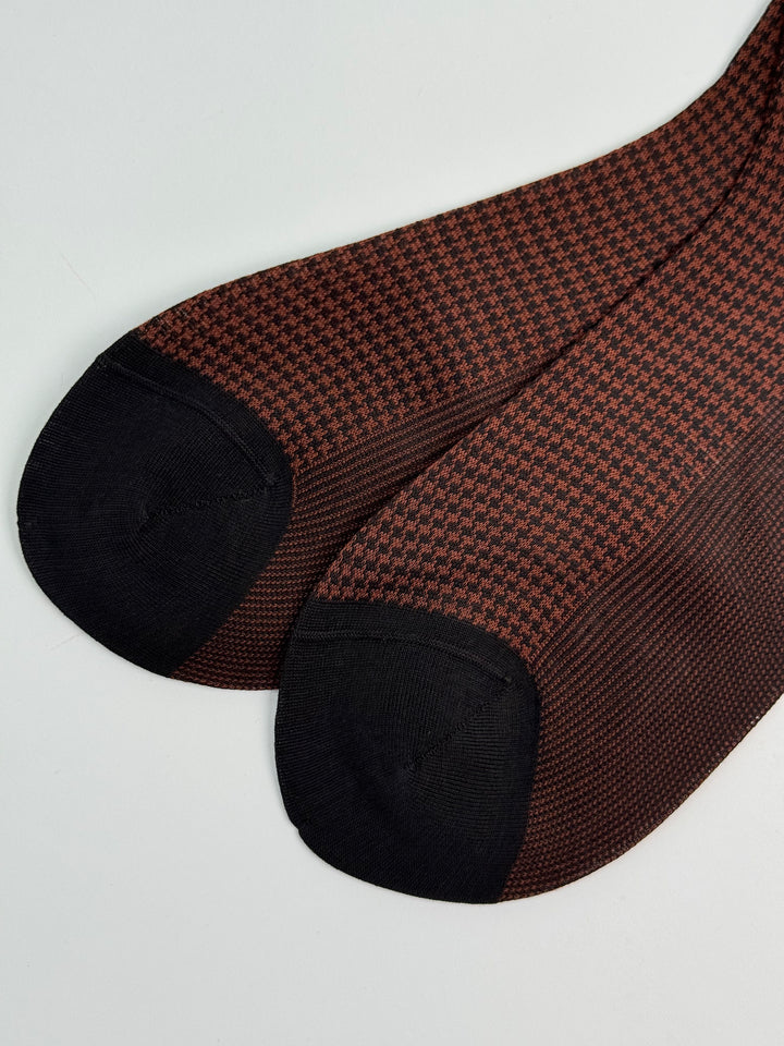 Cotton Houndstooth Bresciani Mid Calf Sock- Burnt Coffee