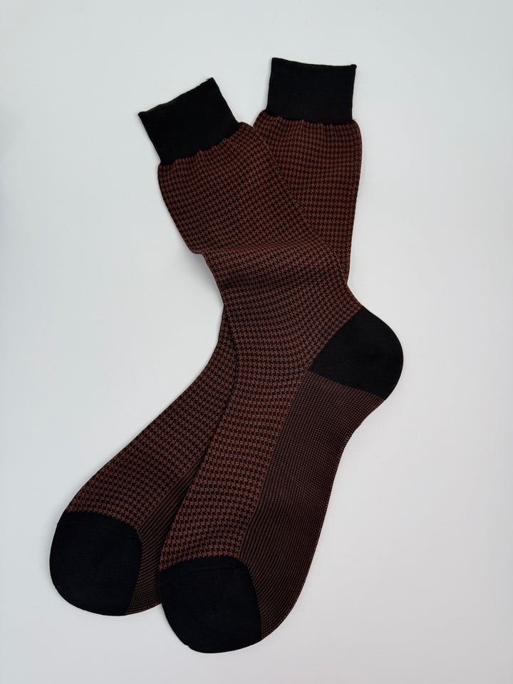 Cotton Houndstooth Bresciani Mid Calf Sock- Burnt Coffee