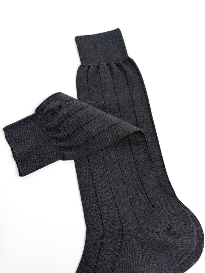 Cotton Pinstripe Bresciani Mid Calf Sock - Charcoal Grey