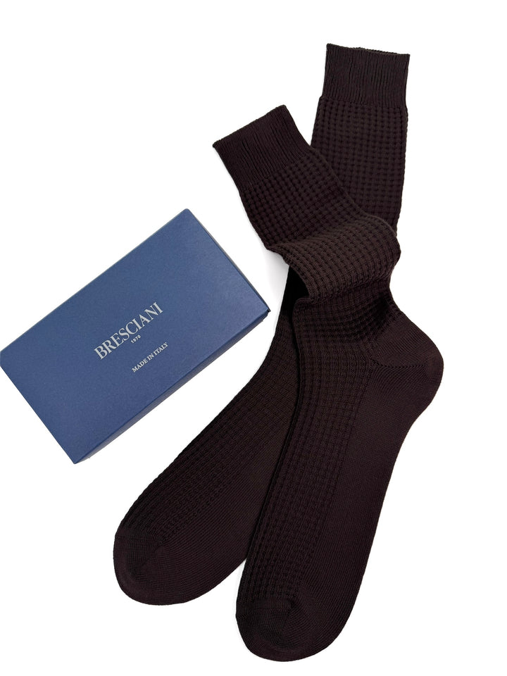 Cotton Waffle Bresciani Mid Calf Sock - Chocolate Brown