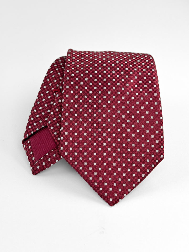 Silk Geometric Print Tie - Dark Red & Silver