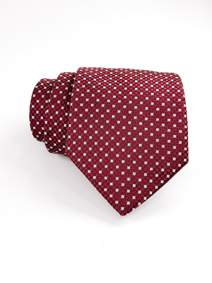Silk Geometric Print Tie - Dark Red & Silver