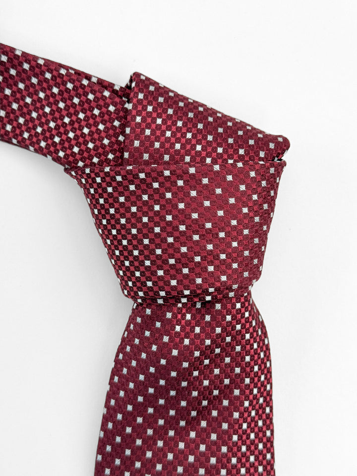 Silk Geometric Print Tie - Dark Red & Silver