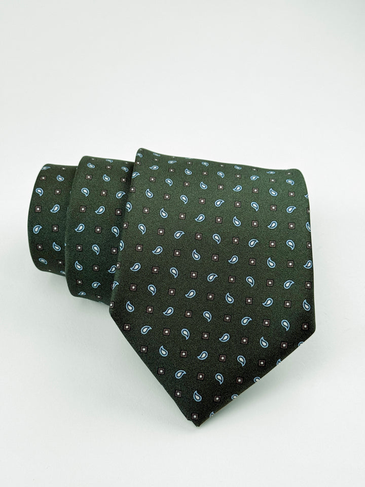 Silk Paisley Print Tie - Forest Green & Light Blue
