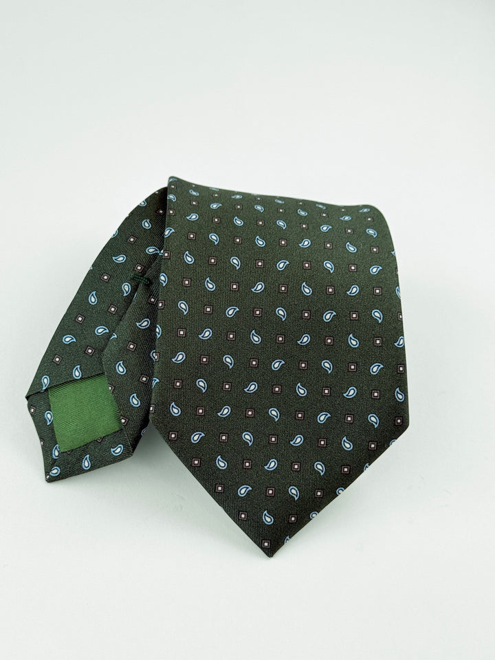 Silk Paisley Print Tie - Forest Green & Light Blue