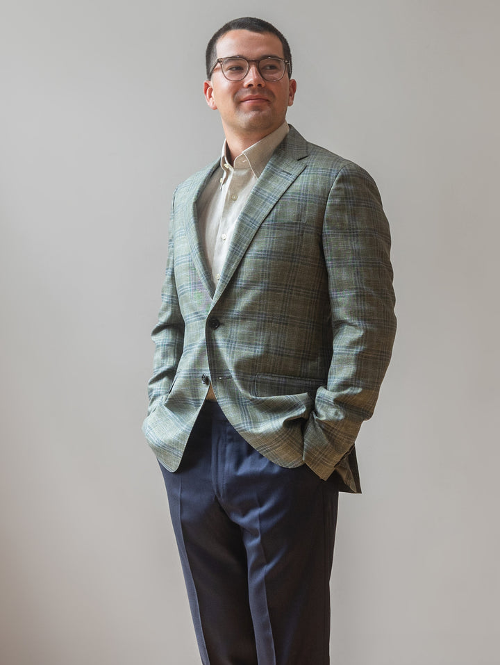 Green Plaid Wool & Silk Dormeuil Sport Coat