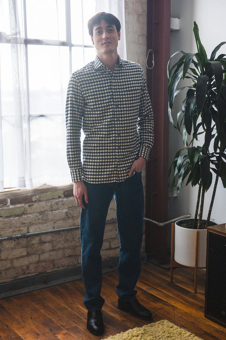 Herringbone Gingham Flannel Shirt - Off White & Charcoal