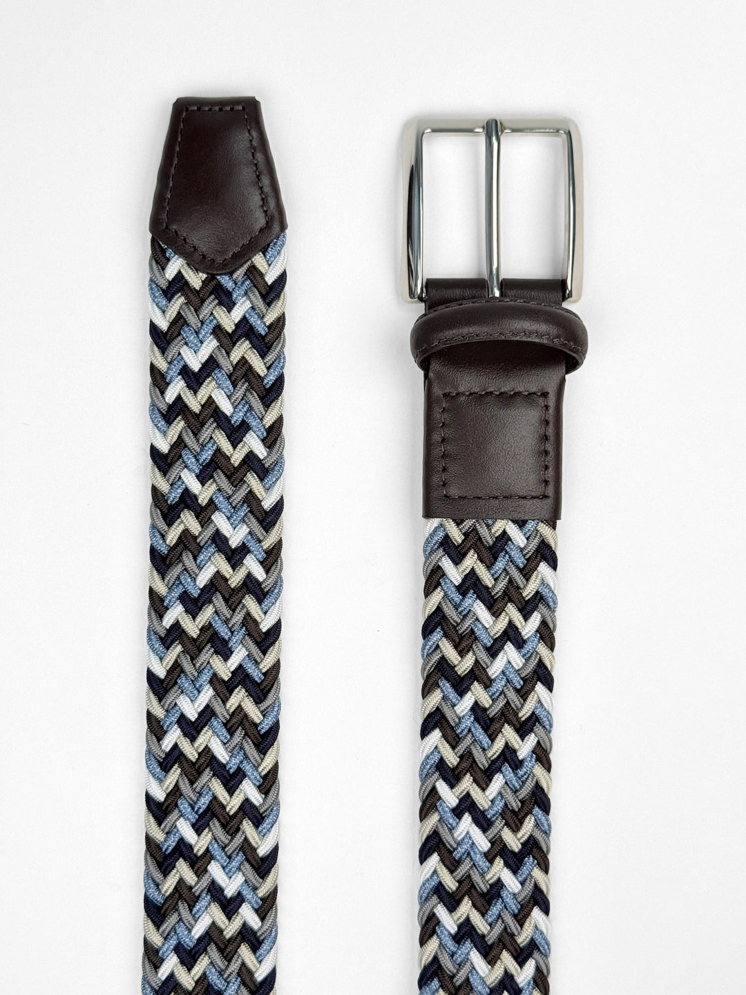 Leather-Trimmed Woven Elastic Belt - Light Blue Multicolor