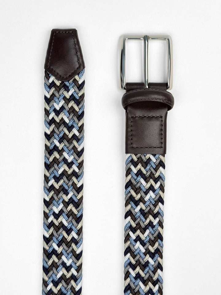 Leather-Trimmed Woven Elastic Belt - Light Blue Multicolor