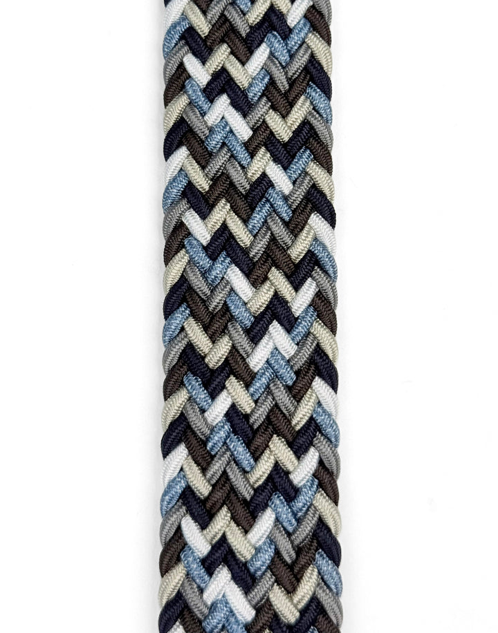 Leather-Trimmed Woven Elastic Belt - Light Blue Multicolor