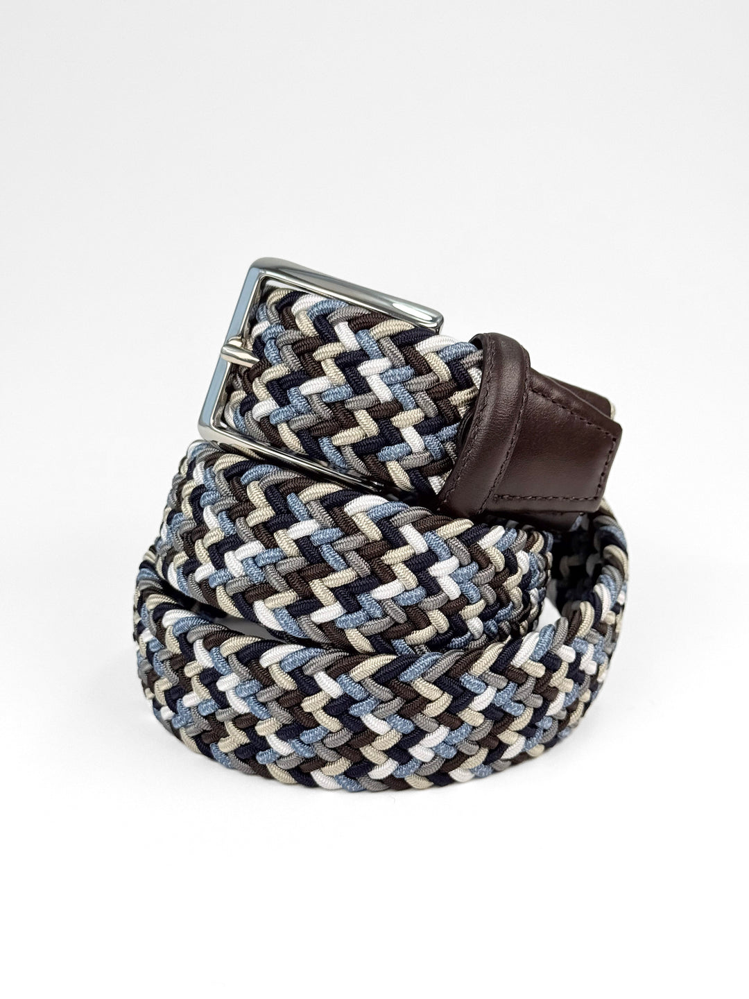 Leather-Trimmed Woven Elastic Belt - Light Blue Multicolor