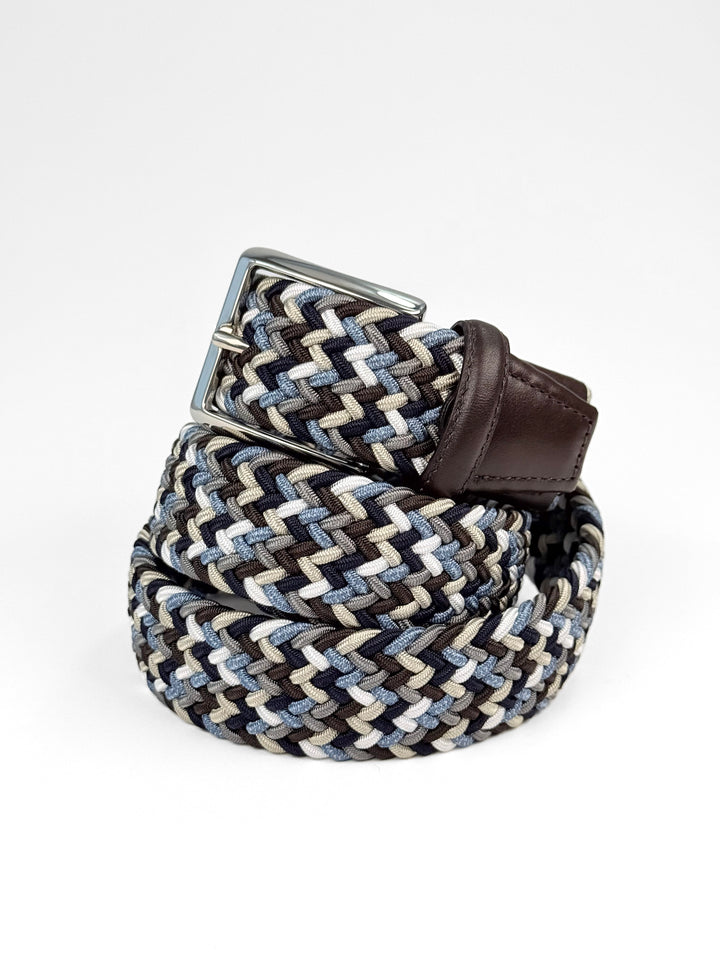 Leather-Trimmed Woven Elastic Belt - Light Blue Multicolor