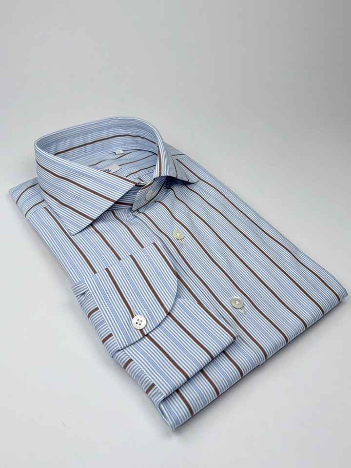 Multi-Stripe Cotton Shirt - Light Blue & Brown