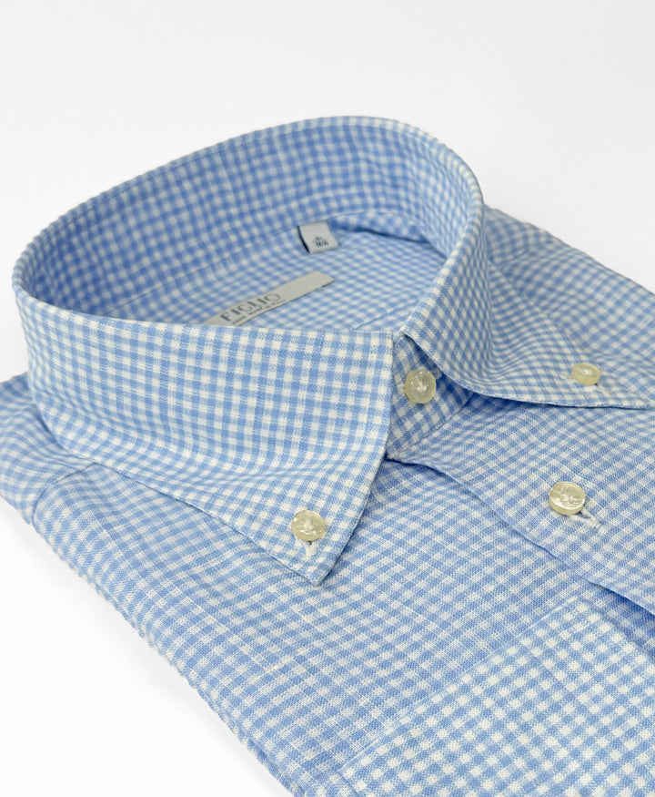 Gingham Linen Button-Down Shirt - Light Blue